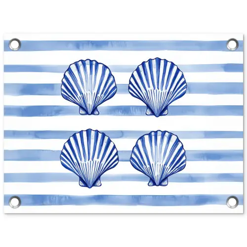 Vier schelpen - Blauw - Wit - Strepen tuinposter los doek klein -3d