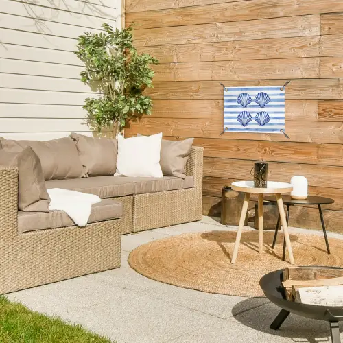 Vier schelpen - Blauw - Wit - Strepen tuinposter los doek klein -sfeer4