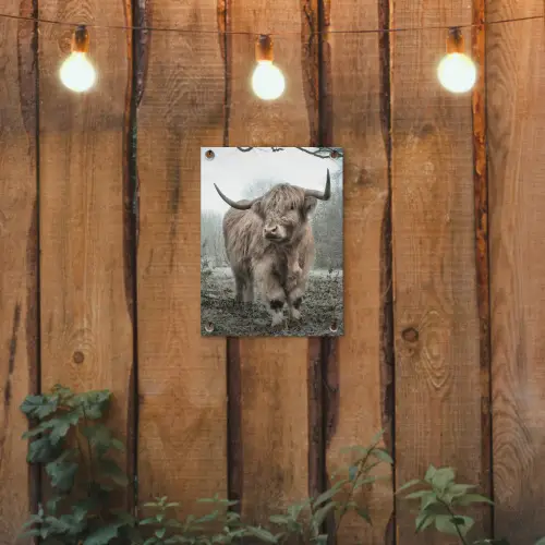 Hooglander in de Mist tuinposter los doek klein -sfeer1