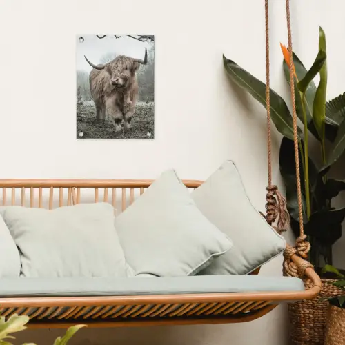 Hooglander in de Mist tuinposter los doek klein -sfeer7