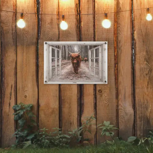 Hooglander door het Raam tuinposter los doek klein -sfeer1
