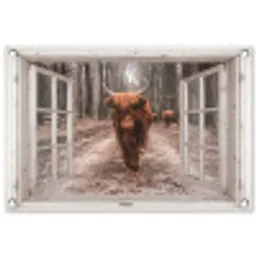 Hooglander door het Raam tuinposter los doek klein -3d