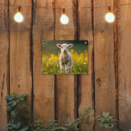 Lammetje - Gras - Bloemen - Geel tuinposter los doek klein -sfeer1