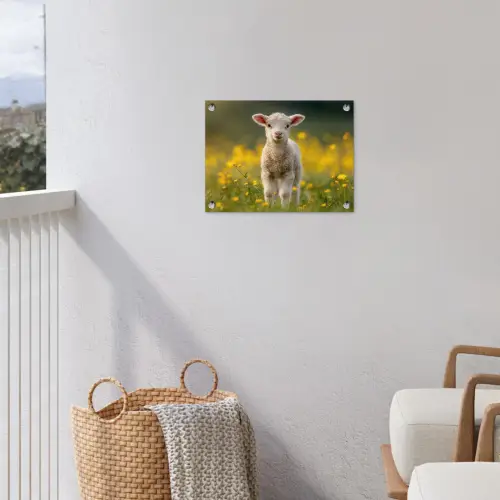 Lammetje - Gras - Bloemen - Geel tuinposter los doek klein -sfeer8