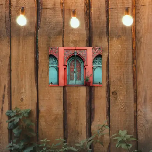 Lantaarn - Deur - Turquoise tuinposter los doek klein -sfeer1