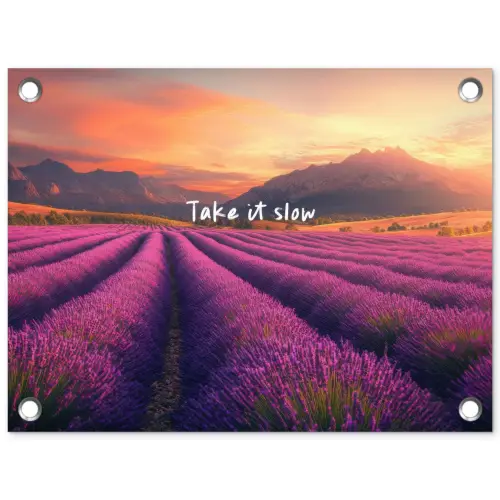 Lavendelveld - Quote - Zonsondergang tuinposter los doek klein -3d