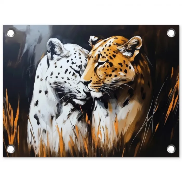 Luipaard - Oranje - Wit - Gras tuinposter los doek klein -3d