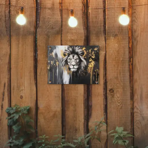 Leeuw - Portret - Verfspatten - Grijs tuinposter los doek klein -sfeer1