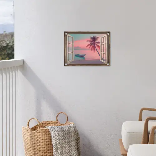 Doorkijk - Strand - Palmboom - Tropisch tuinposter los doek klein -sfeer8