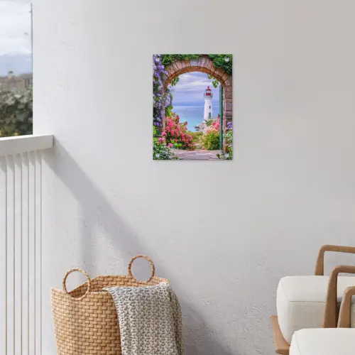 Doorkijk - Vuurtoren - Bloemen - Uitzicht tuinposter los doek klein -sfeer8