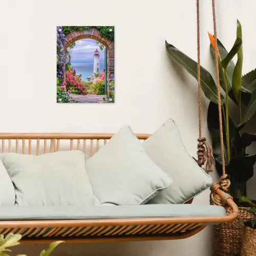 Doorkijk - Vuurtoren - Bloemen - Uitzicht tuinposter los doek klein -sfeer7
