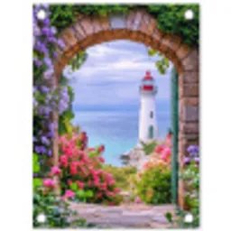 Doorkijk - Vuurtoren - Bloemen - Uitzicht tuinposter los doek klein -3d