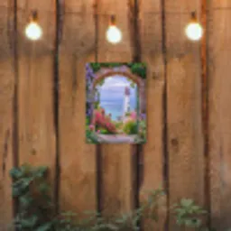 Doorkijk - Vuurtoren - Bloemen - Uitzicht tuinposter los doek klein -sfeer1