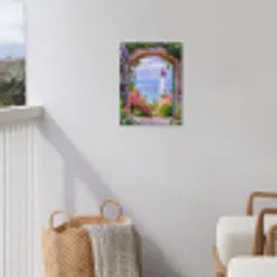 Doorkijk - Vuurtoren - Bloemen - Uitzicht tuinposter los doek klein -sfeer8