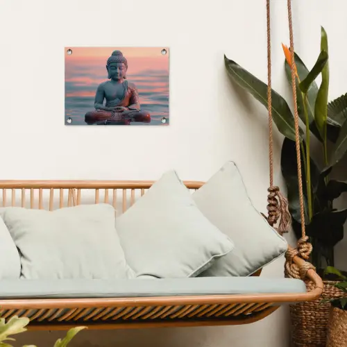 Mediterende Boeddha bij zonsondergang tuinposter los doek klein -sfeer7