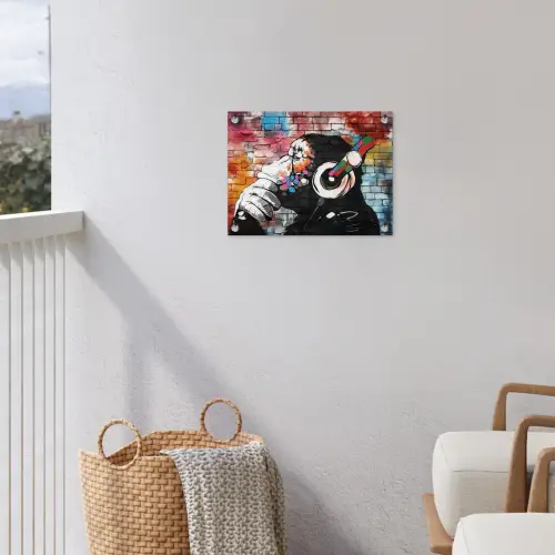 Aap met Koptelefoon tuinposter los doek klein -sfeer8