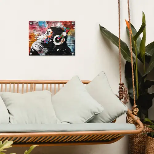 Aap met Koptelefoon tuinposter los doek klein -sfeer7