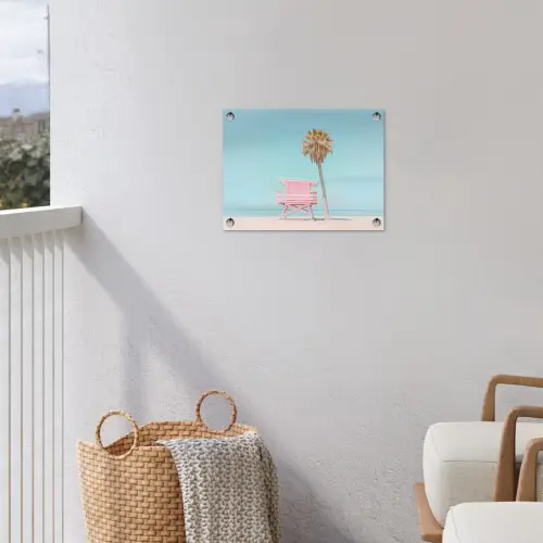 Palmboom - Strandhuis - Roze tuinposter los doek klein -sfeer8