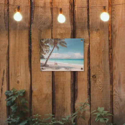 Palmboom - Schommel - Strand - Lucht tuinposter los doek klein -sfeer1