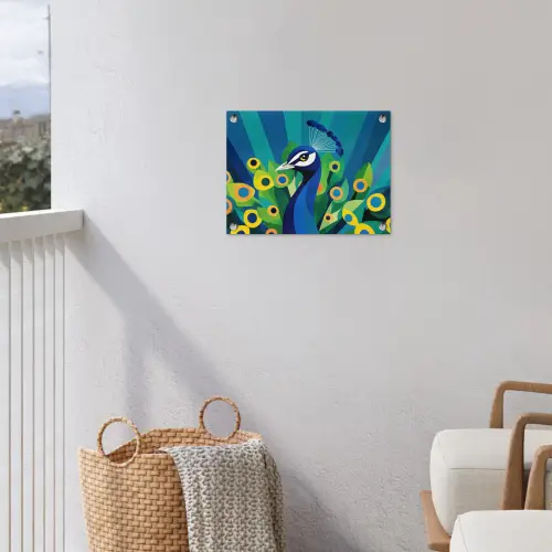 Pauw - Cirkels - Blauw tuinposter los doek klein -sfeer8