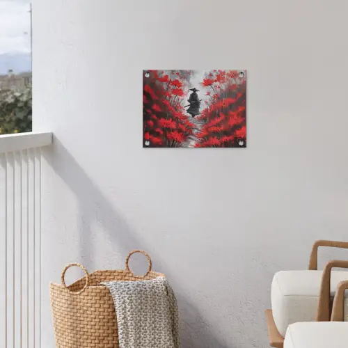 Rode bloemen - mistig - Man tuinposter los doek klein -sfeer8