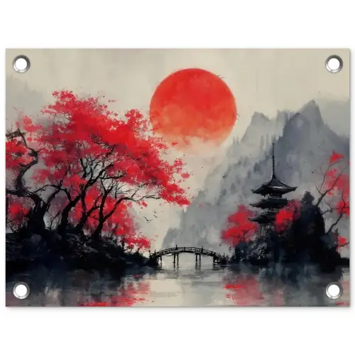 Rode zon - Rivier - brug - Bomen tuinposter los doek klein -3d