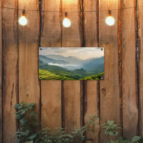 Rijstvelden - Bergen - Groen - Natuur tuinposter los doek klein -sfeer1
