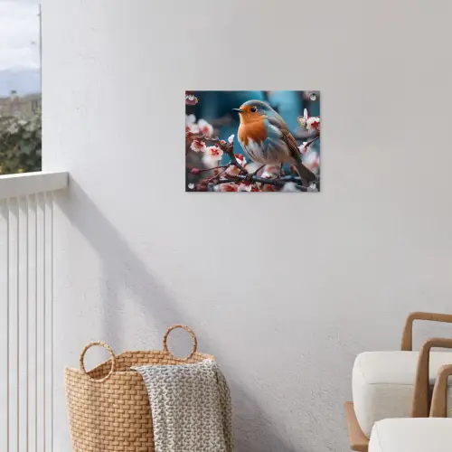 Roodborstje tussen de Bloesems tuinposter los doek klein -sfeer8