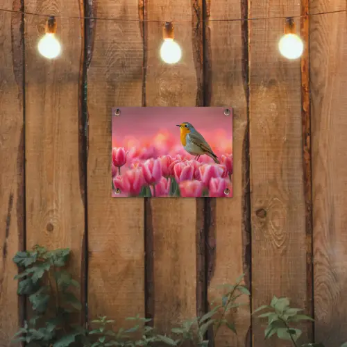 Roodborstje in Tulpenveld tuinposter los doek klein -sfeer1