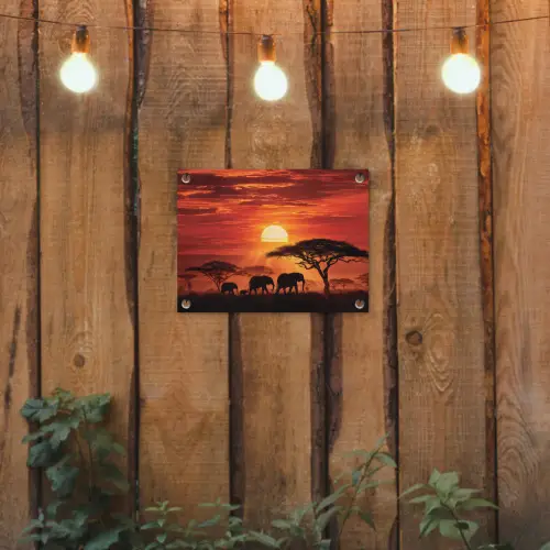 Savanne - Olifanten - Zonsondergang tuinposter los doek klein -sfeer1