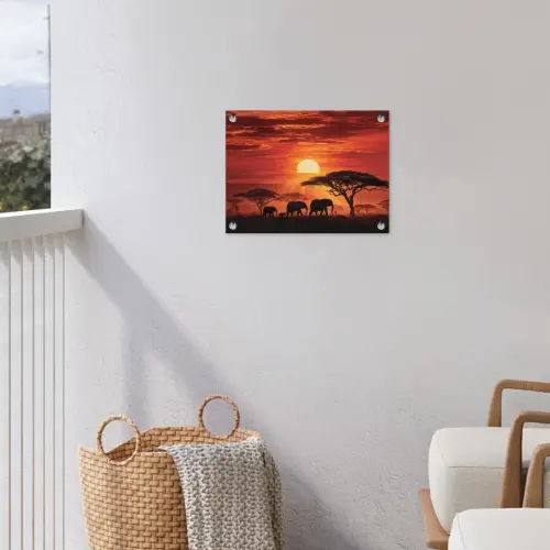 Savanne - Olifanten - Zonsondergang tuinposter los doek klein -sfeer8