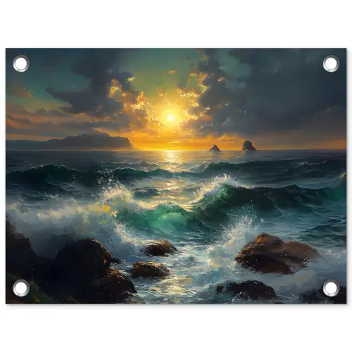 Zee - Zon - Golven - Rotsen tuinposter los doek klein -3d
