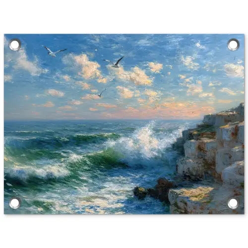 Zee - Golven - Rotsen - Meeuwen tuinposter los doek klein -3d