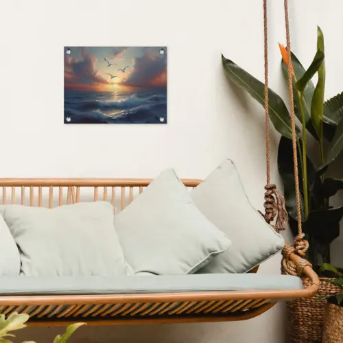 Meeuwen - Zonsondergang - Zee - Wolken tuinposter los doek klein -sfeer7