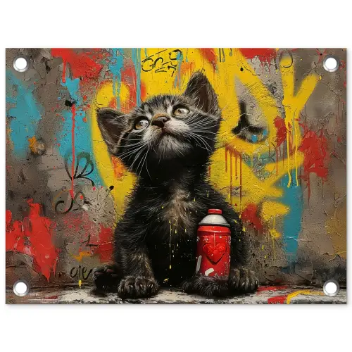 Kitten met Spuitbus tuinposter los doek klein -3d
