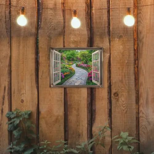 Doorkijk - Bloemen - Tuinpad - Natuur - Raam tuinposter los doek klein -sfeer1