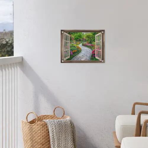 Doorkijk - Bloemen - Tuinpad - Natuur - Raam tuinposter los doek klein -sfeer8