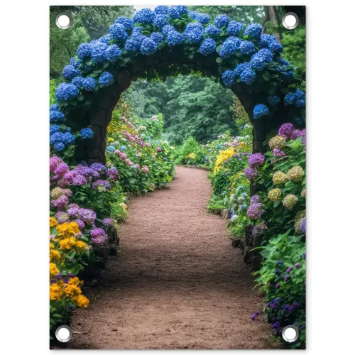 Doorkijk - Bloemen - Hortensia - Pad tuinposter los doek klein -3d