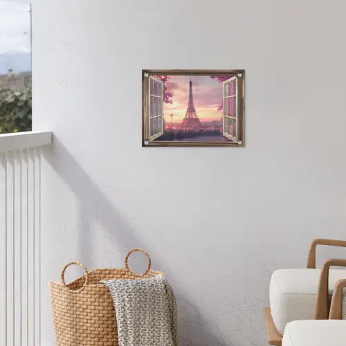 Doorkijk - Parijs - Eiffeltoren - Roze - Kersenbloesem tuinposter los doek klein -sfeer8