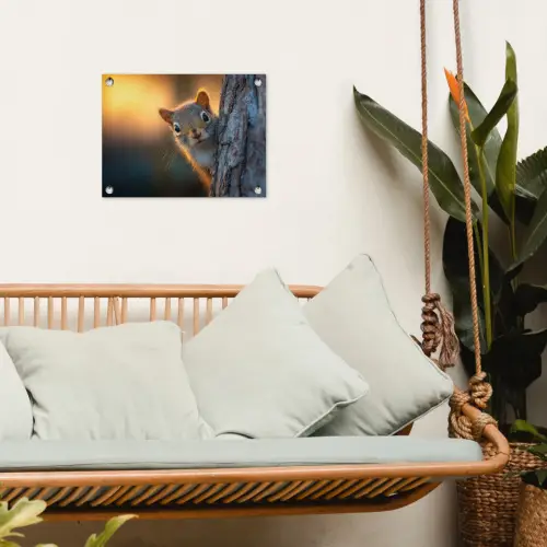 Eekhoorn - Boomstam - Zonsondergang tuinposter los doek klein -sfeer7