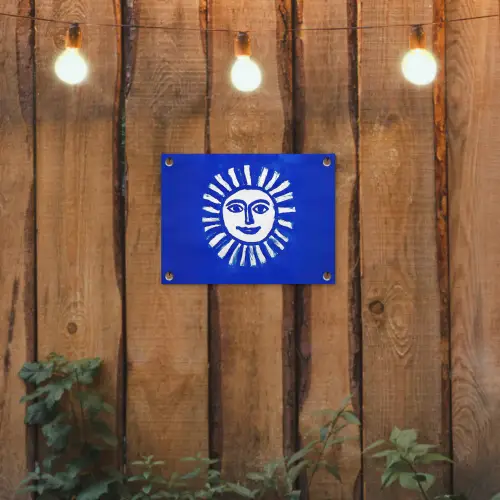 Zon - Gezicht - Penseelstructuur - Blauw tuinposter los doek klein -sfeer1