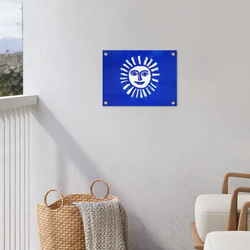 Zon - Gezicht - Penseelstructuur - Blauw tuinposter los doek klein -sfeer8