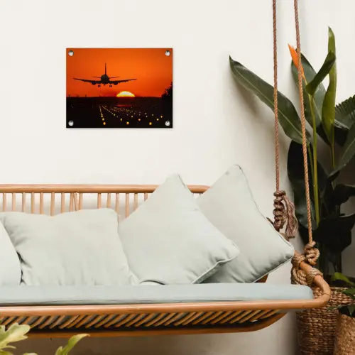 Zonsondergang - Vliegtuig - Oranje - Zon tuinposter los doek klein -sfeer7