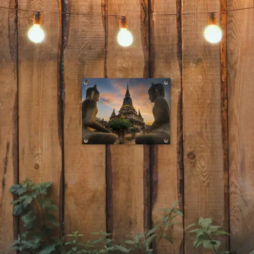 Tempel - Zonsondergang - Boeddha beelden - Buddha tuinposter los doek klein -sfeer1