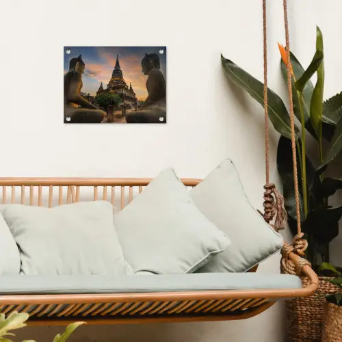 Tempel - Zonsondergang - Boeddha beelden - Buddha tuinposter los doek klein -sfeer7