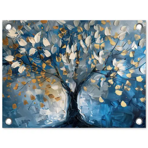 Boom - Blauw - Goud - Abstract tuinposter los doek klein -3d