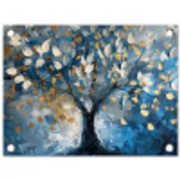 Boom - Blauw - Goud - Abstract tuinposter los doek klein -3d