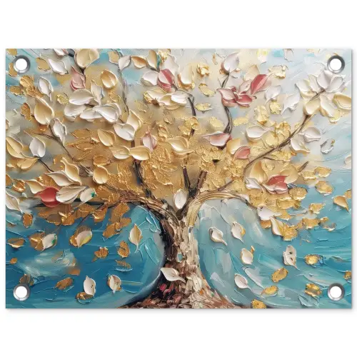 Boom - Blauw - Goud - Abstract - Modern tuinposter los doek klein -3d