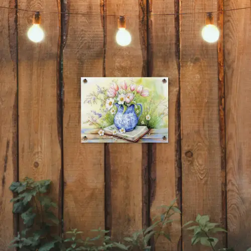 Vaas - Delftsblauw - Madeliefjes tuinposter los doek klein -sfeer1
