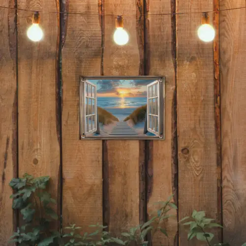 Doorkijk - Strand - Pad - Zonsondergang tuinposter los doek klein -sfeer1